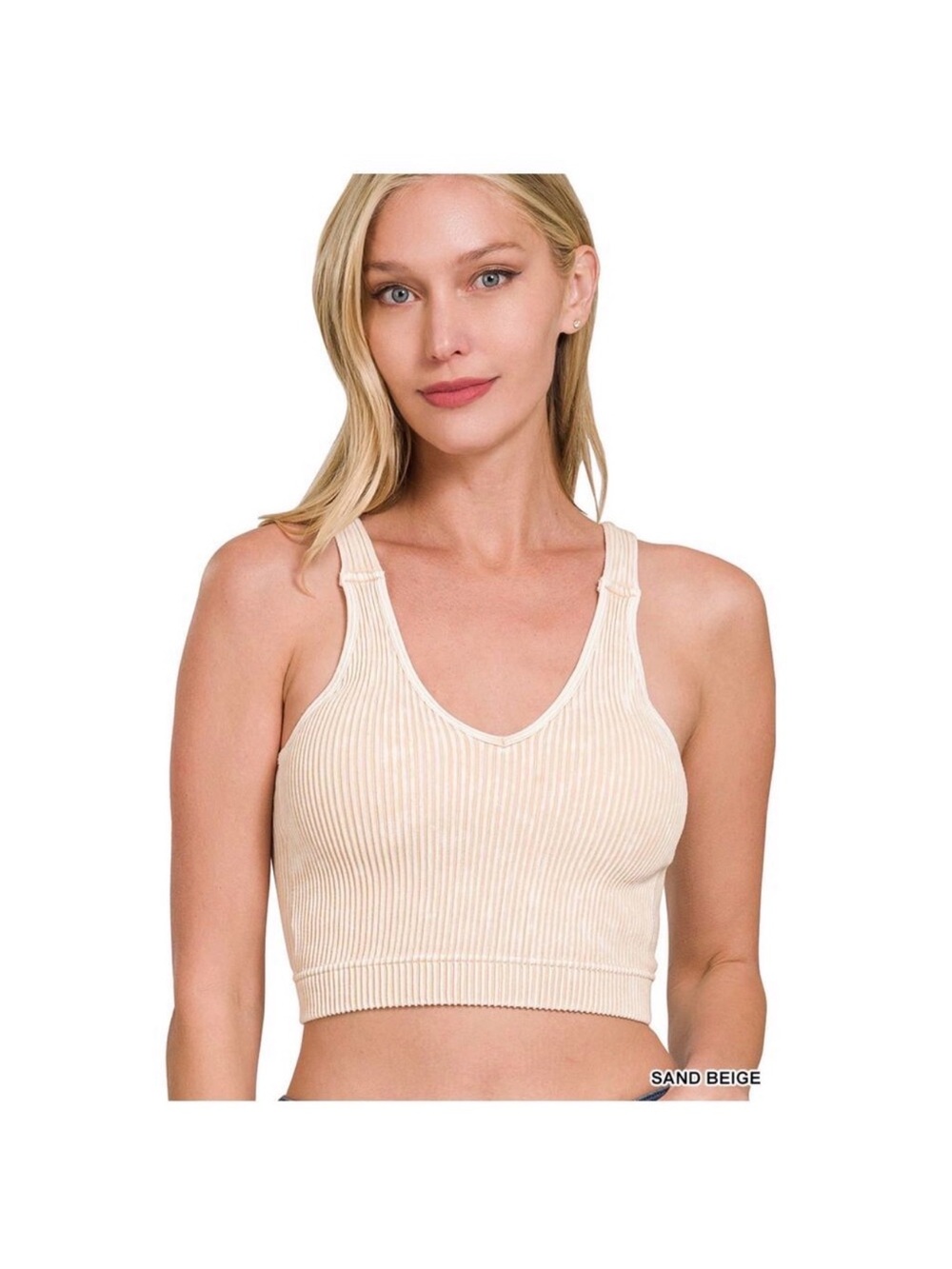 Zenana Seamless Ribbed Sand Beige v neck crop Brami